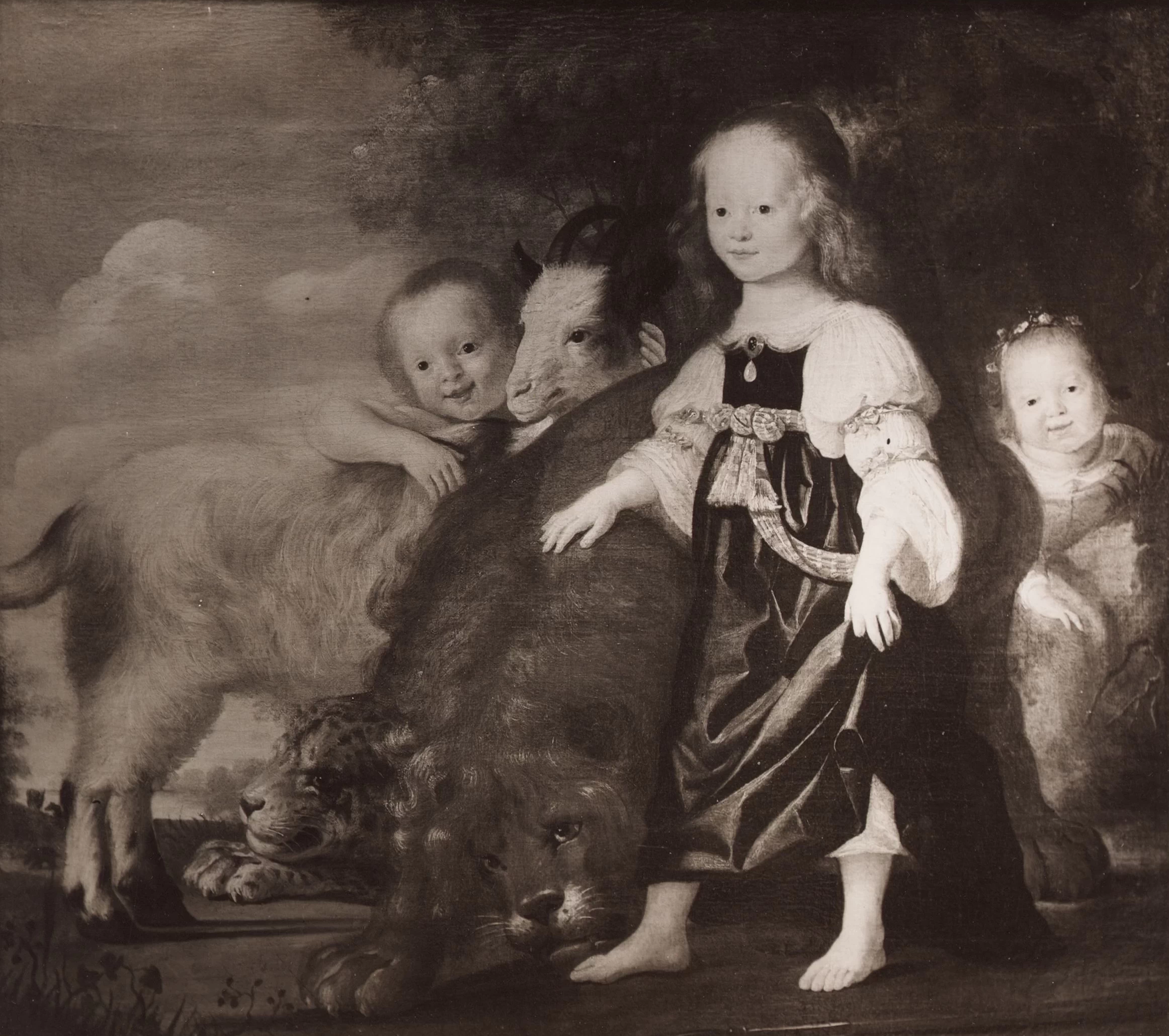 Ritratto di tre bambini in costume arcadico con alcuni animali - Kunsthandel Galerie Kurt Meissner